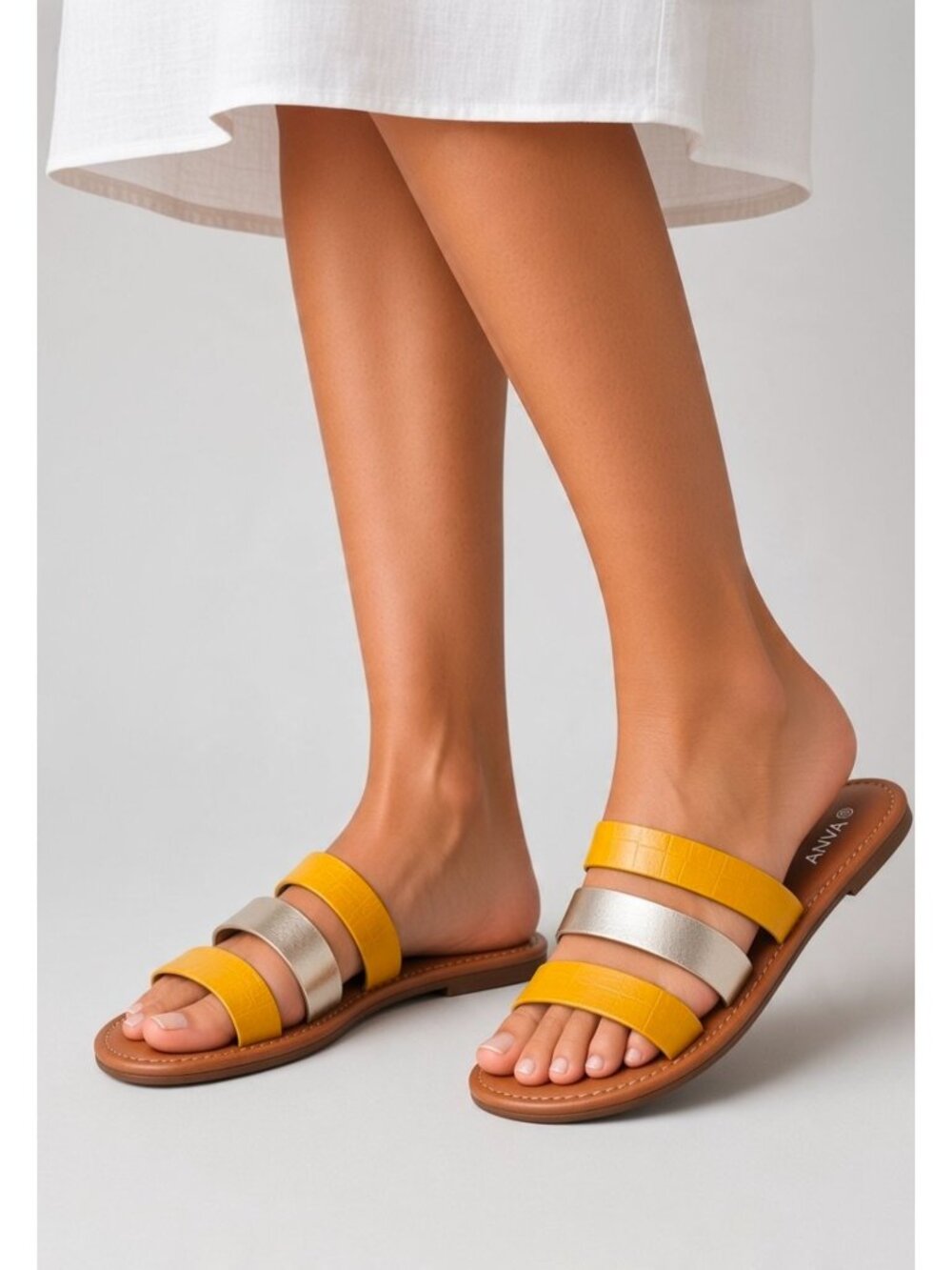 Colorblock Yellow & Metallic Gold Triple Strap Flat Sandals With Croc Embossed D